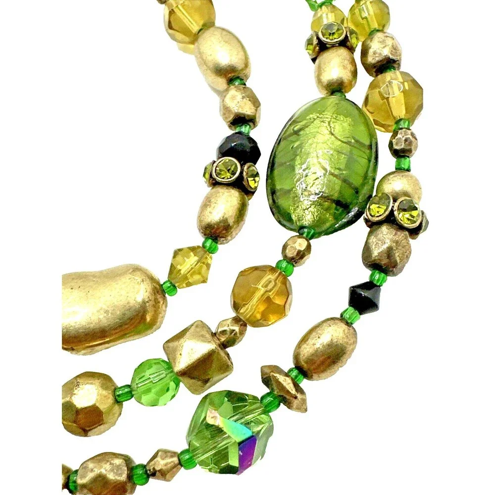 Vintage Green Gold Multi Strand Bead Necklace Boho Crystal Accents Box Clasp 16